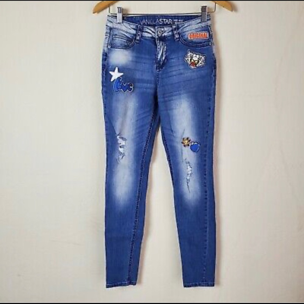 Vanilla Star Blue Mid-Rise Skinny Patch Jeans Juniors 11 Y2K Distressed - Picture 1 of 2